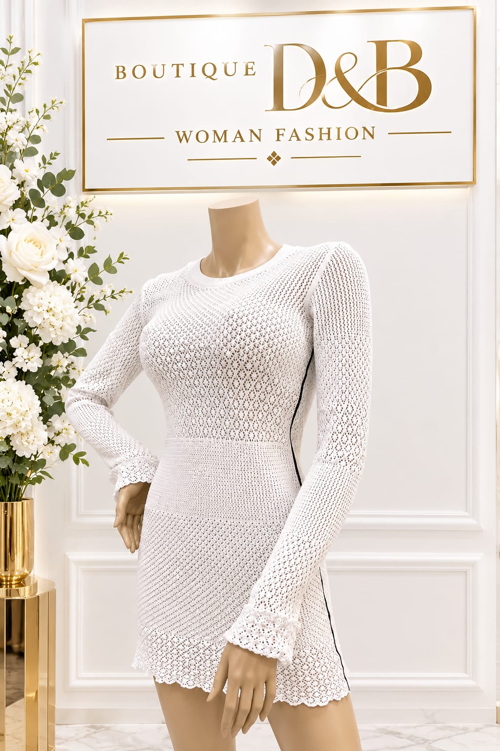 Abito corto bianco PINKO in maglia crochet
