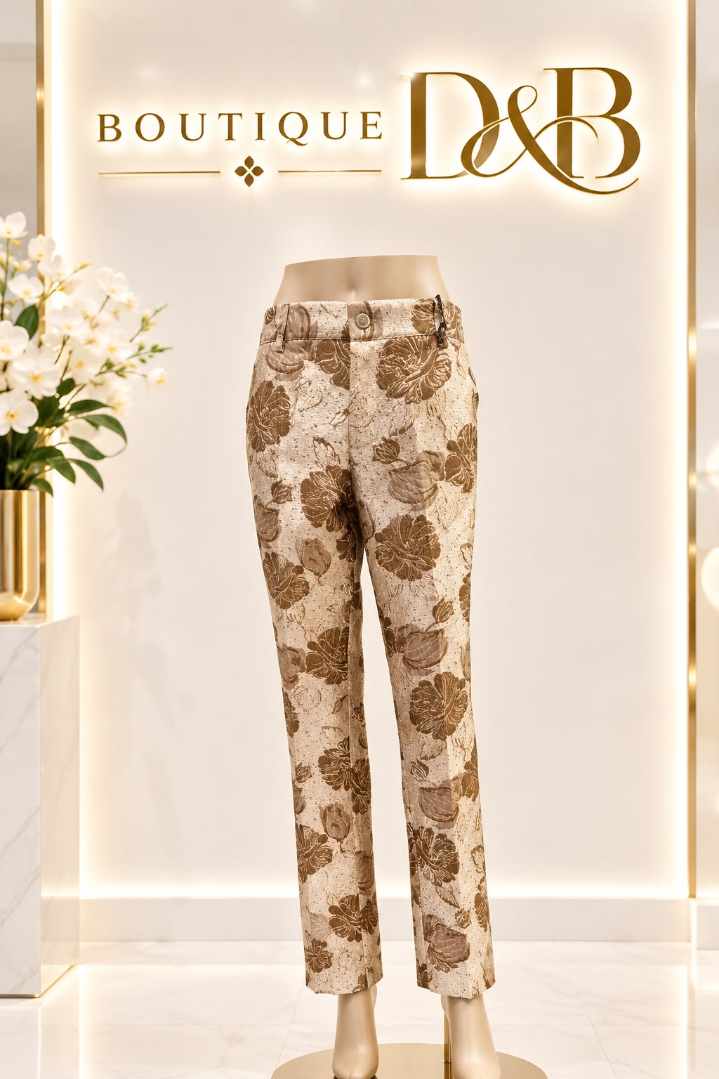 Pantalone jacquard oro con fiori damascati