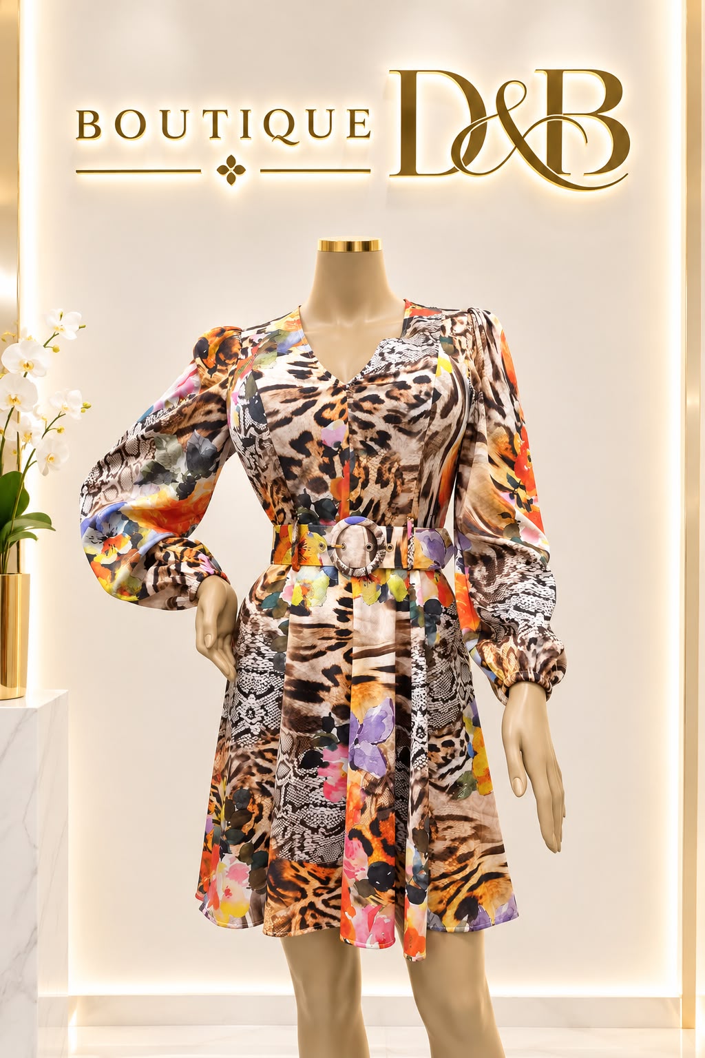 Abito corto stampa animalier e fiori con cintura