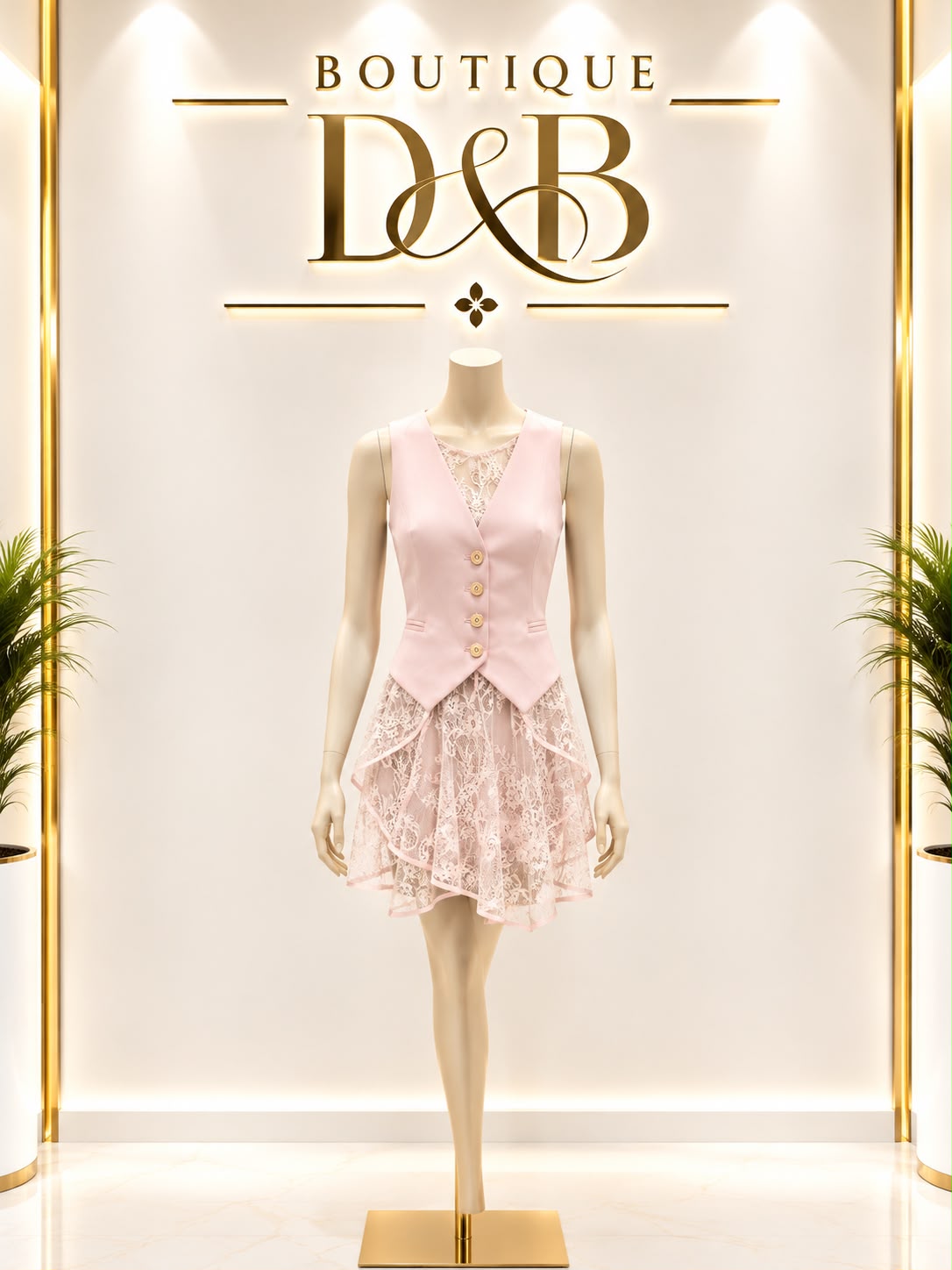 Completo rosa con gilet sartoriale e gonna in pizzo