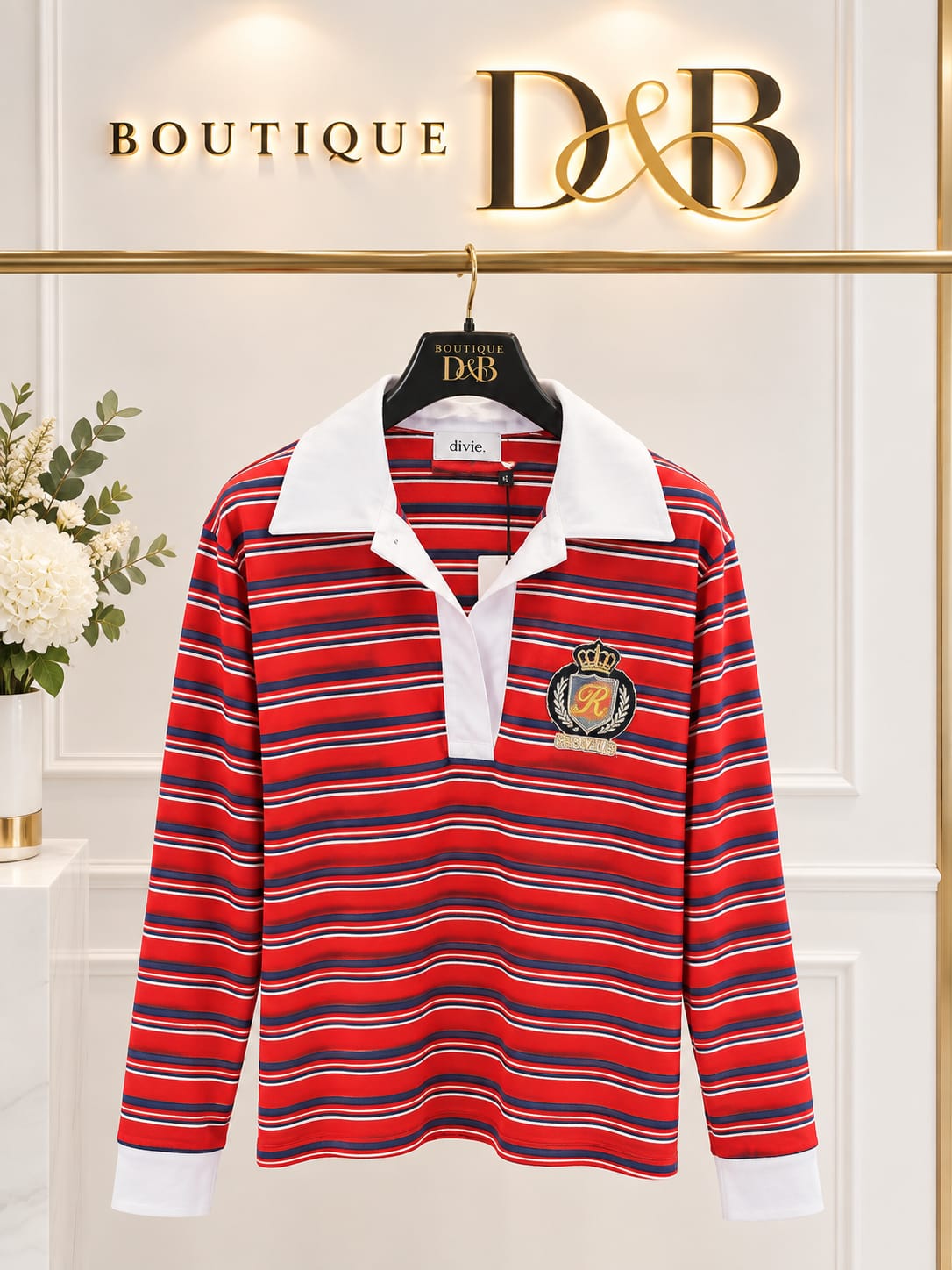 Polo rossa a righe Dixie con stemma ricamato