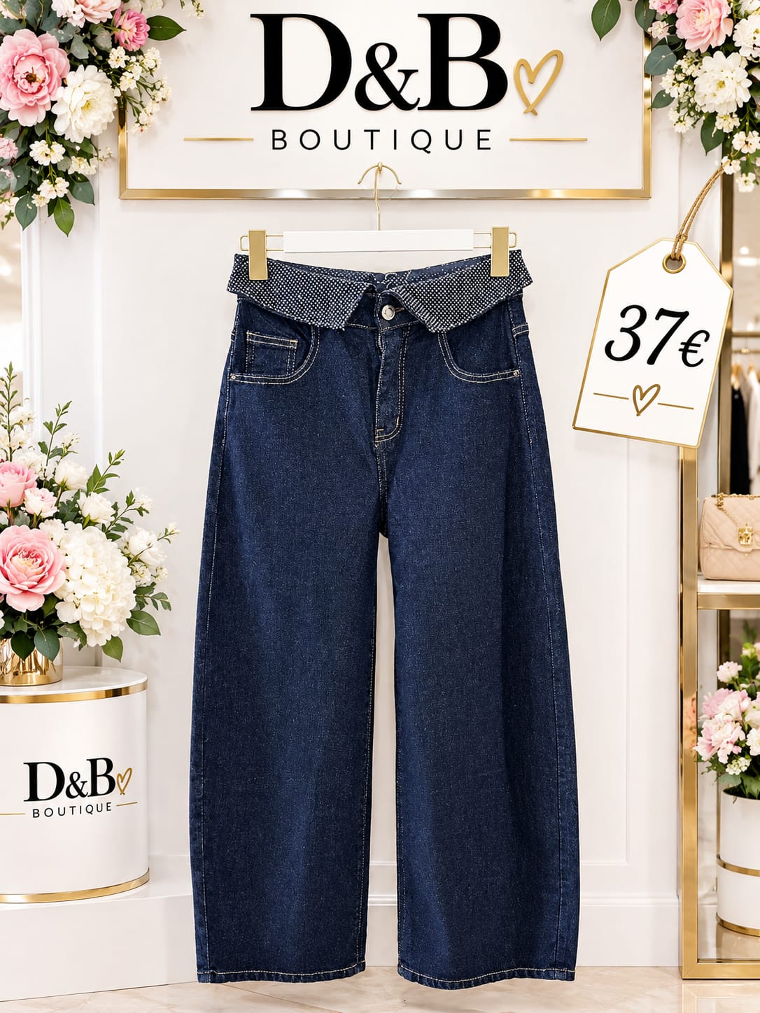 Jeans blu scuro a gamba ampia con dettaglio decorativo